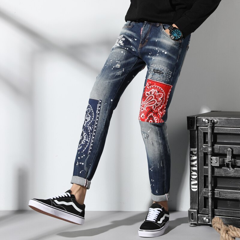 Menn jeans slank passe lappeteppe denim rippet glidelås syklist mager hull broderi lapp stilig