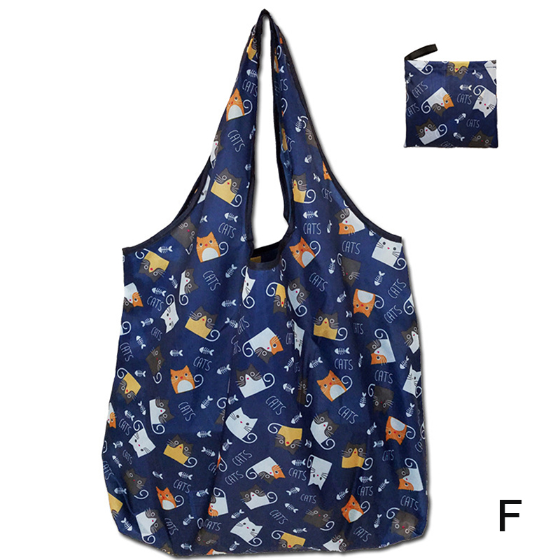 1Pc Foldable Shopping Bag Reusable Travel Grocery Bag Eco-Friendly Cute Animal Printing Supermarket Tote Bag: black