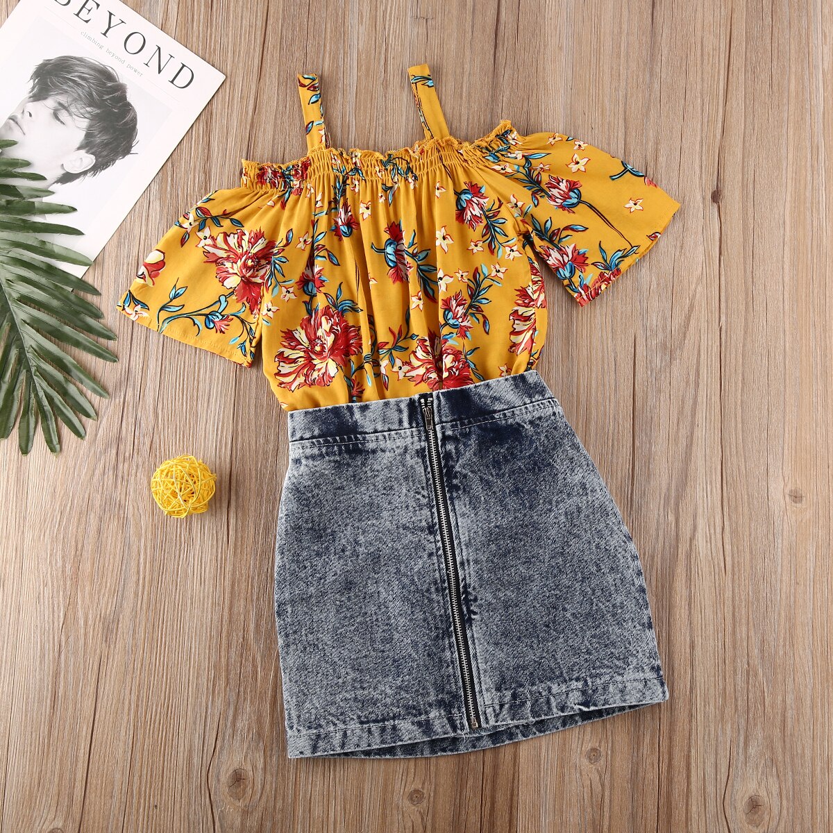 Pudcoco Del Bambino Del Bambino Vestiti Della Ragazza Della Stampa Del Fiore Off Spalla Strap Crop Magliette e camicette Della Chiusura Lampo Del Denim Mini Gonna 2Pcs Abiti di Cotone vestiti