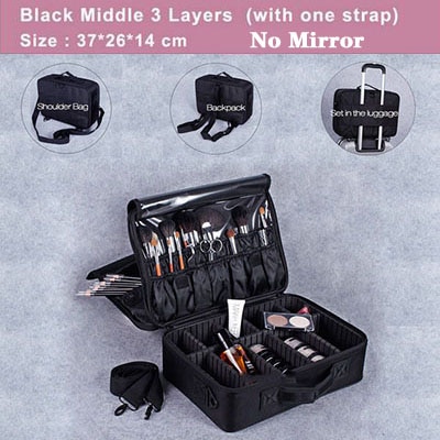 Vrouwen Professionele Nylon Make-Up Case Draagbare Reizen Schoonheidsspecialist Case Cosmetische Organizer Case Box Met Spiegel Schoonheid Koffer: Black  M  3   Layers