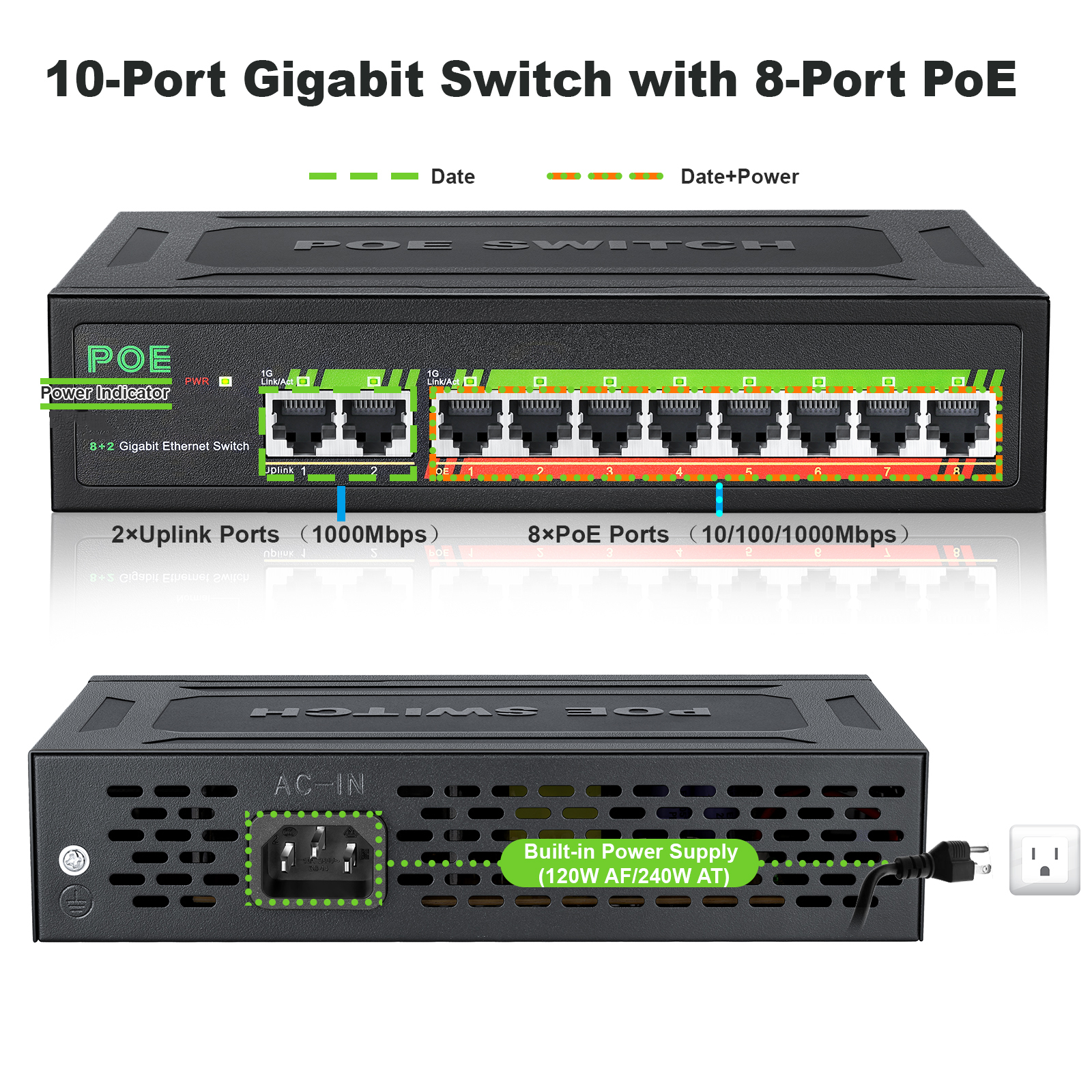 Switch Ethernet Gigabit de 10 Portas com POE, Switch de Rede 1000Mbps com Splitter Ethernet 802.3af/at para Roteador Wifi