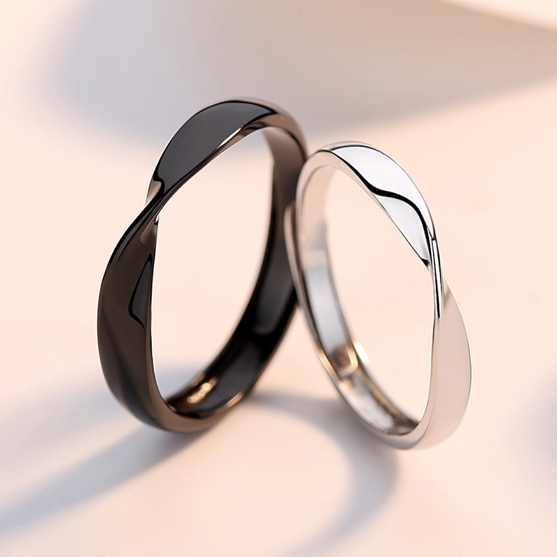 Mobius Paar Ringen Mannen Vrouwen Simple Zwart Wit Open Ring Voor Bruiloft Verjaardag Voorstel Shoping