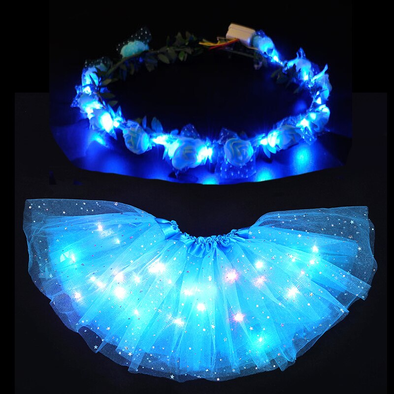 Jupe Tutu lumineuse LED pour femmes et filles, guirlande de fleurs, bandeau, , vêtements de fête néon, Costume de princesse de mariage d&#39;anniversaire: blue star skirt