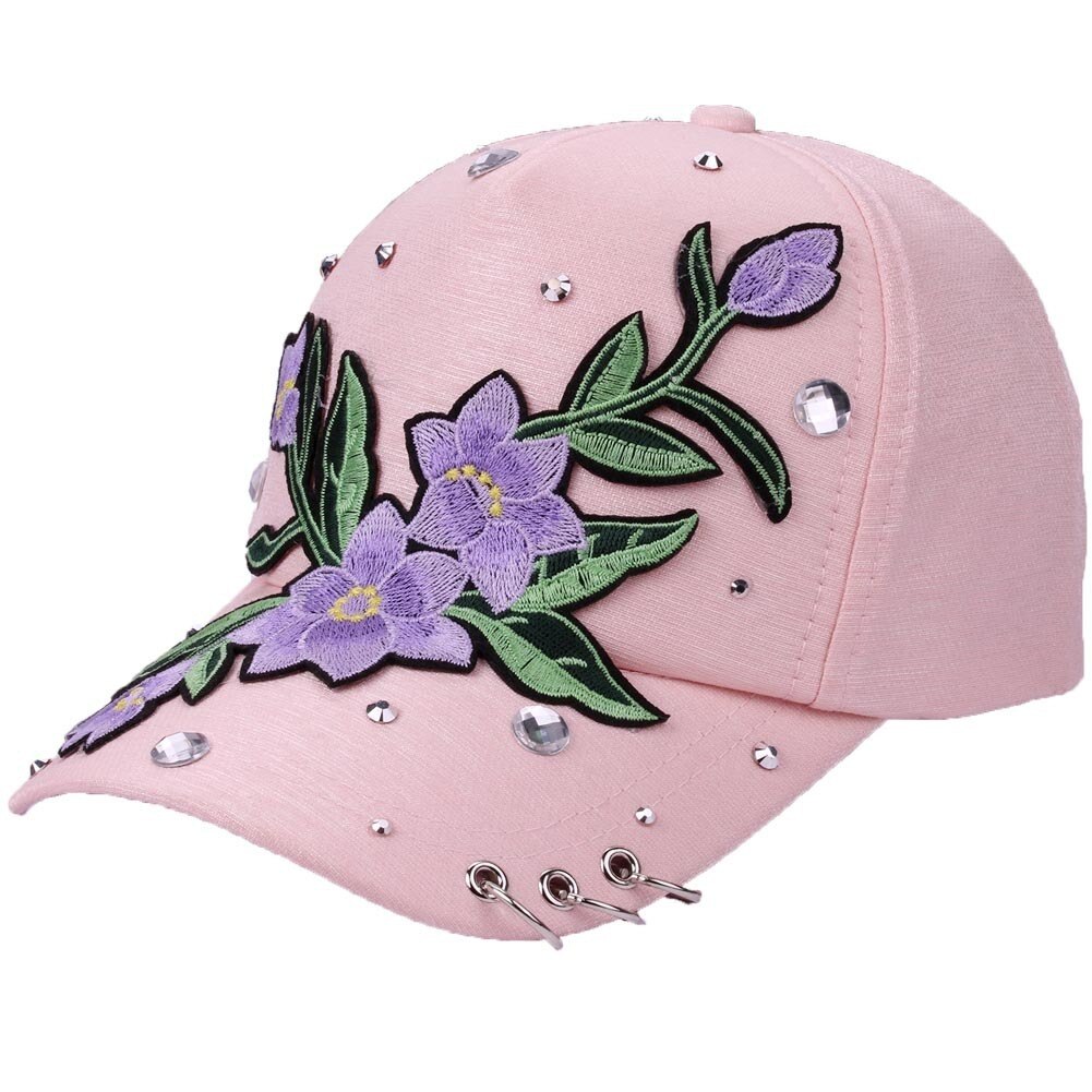 Gorra de béisbol de Hip-hop para mujer, gorra de béisbol con bordado de flores rosas, gorra de béisbol con diamantes de imitación de diamante, gorra ajustable de talla grande para mujer: Orange powder