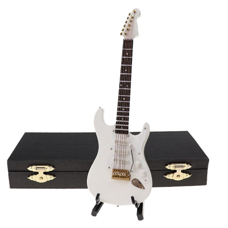 Houten Miniatuur Elektrische Gitaar Met Stand En Case Mini Muziekinstrument Miniatuur Poppenhuis Model: White