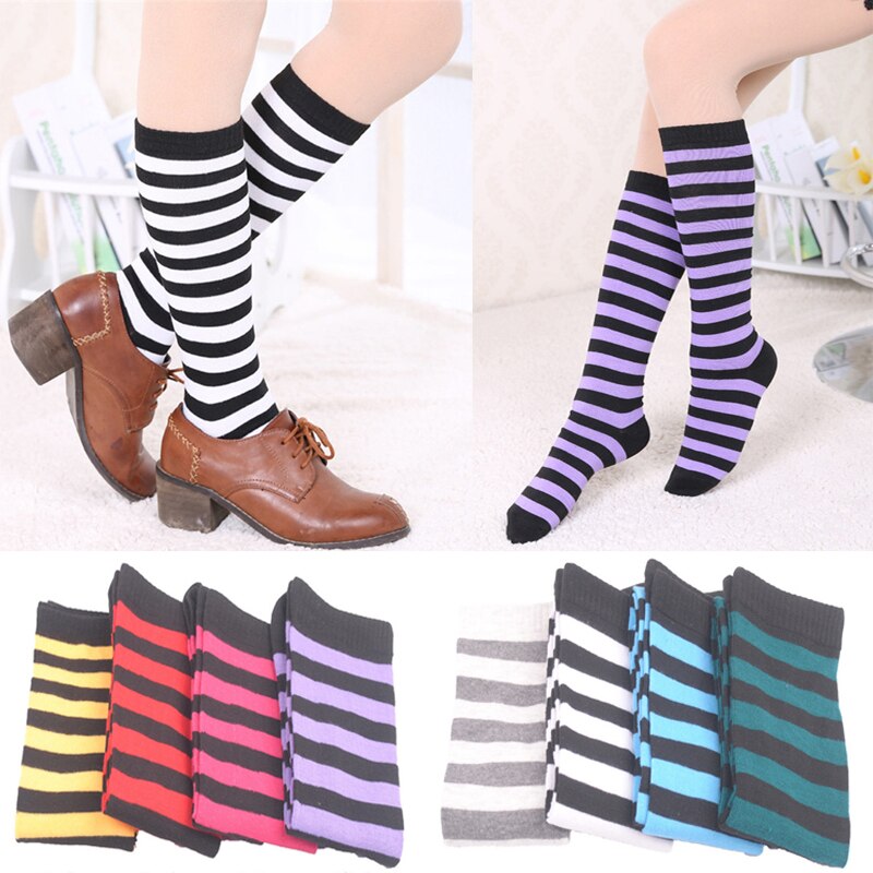 Women Girls Knee High Long Stripe Stocking Printed Thigh High Striped Cotton Socks 8 Colors Sweet Cute Plus Size Knee High Socks