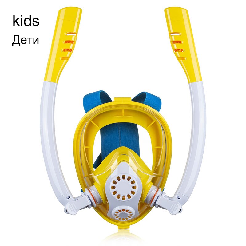 Diving Mask Underwater Scuba Anti Fog Full Face Snorkeling Mask Adult Kids Full Dry Double Tube Breathing Swimming Equipment: kids yellow / S/M