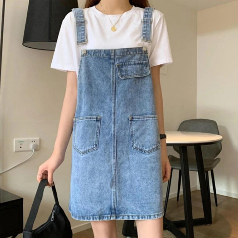 Rimocy Sommer Denim Gesamt Kleid für Frauen 2025, Taschen, Ärmellose Jeans Kleider Frau Koreanische verlieren Spaghetti Gurt Kleid Mujer: XL