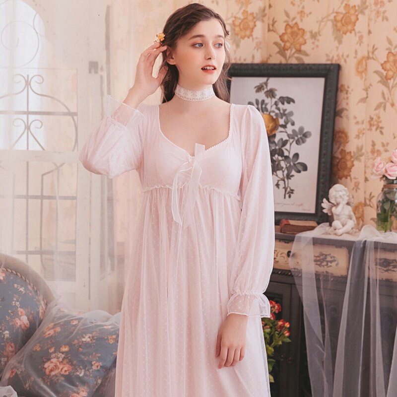 Romantic Nightgown Woman Autumn Lace Long Dress Sleepwear Woman Long Sleeve Nightgowns Night Gown: Pink advance / L