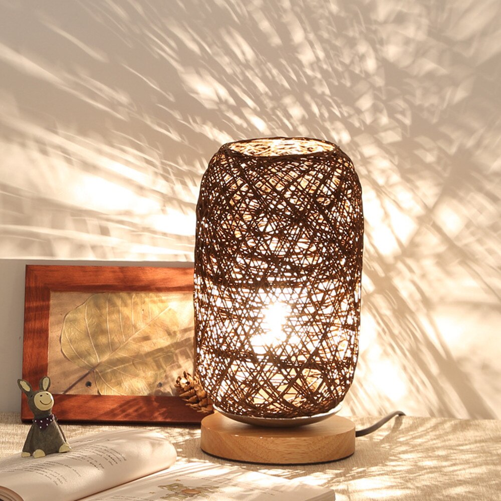 Unieke Hout Rotan Touw Bal Lichten Tafellamp Kamer Home Art Decoratie Bureaulamp Volle Licht shading: Brown 