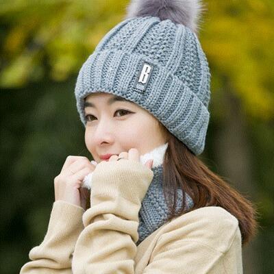 Neck warm Balaclava knitted winter hat Big Fur pom poms ball Knitted hats scarf set women Beanie Hat thick Skullies female cap: gray Hat and Scarf