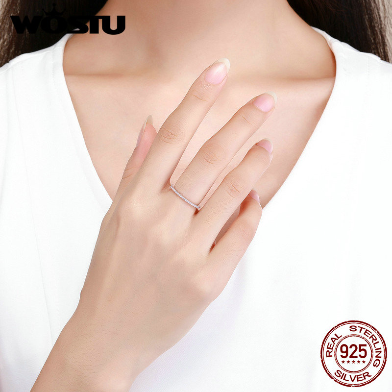 WOSTU Genuine 100% 925 Sterling Silver Glitter Zircon Wedding Rings Round Stackable Finger For Women Engagement Jewelry FIR066