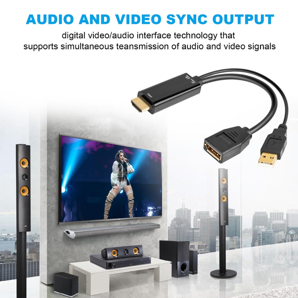 HDMI to DisplayPort Adapter Cable - 4K UHD 3840x2160 - 15cm - USB 2.0 Power - for PC Monitor TV Projector