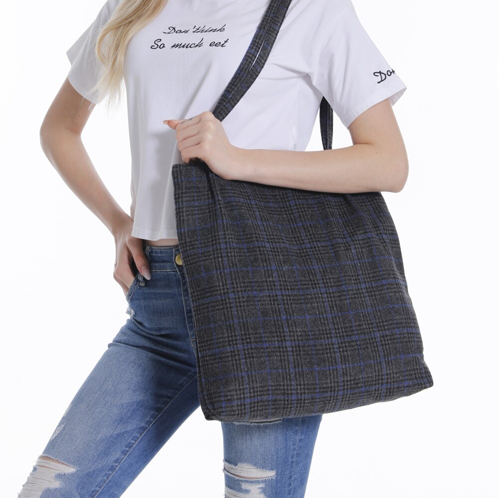 Outono & inverno das mulheres de lã lona bolsa de ombro senhoras do vintage xadrez bolsa totes feminino algodão lã pano sacos de compras: New Blue Plaid Cloth