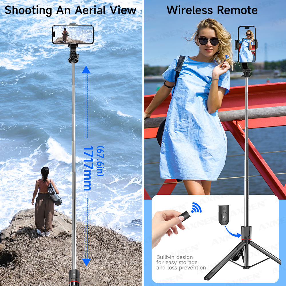 Trípode/palo selfie F15 con control remoto Bluetooth, poste extensible de 6 secciones, 360 ° Rotación, opción de luz de relleno, para teléfono Vlog