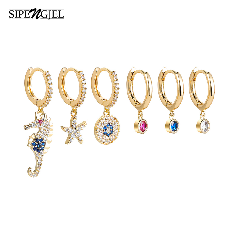 Sipengjel 6 Pcs Kubieke Zirkoon Evil Eye Hanger Oorringen Set Luxe Dier Dangle Oorbellen Voor Vrouwen Sieraden: Default Title