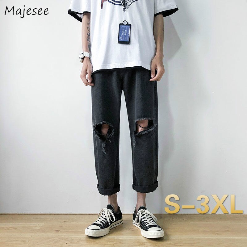 Homme jean cheville-longueur trou ample déchiré droit tout-match pantalon stylé Street-wear style coréen hommes loisirs Chic
