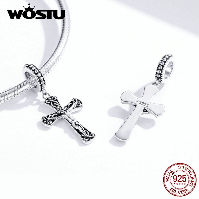 WOSTU 925 En Argent Sterling Croix Perles Charmes Ajustement Bracelet D'origine Collier Pendentif Style Religieux Bijoux CQC1407