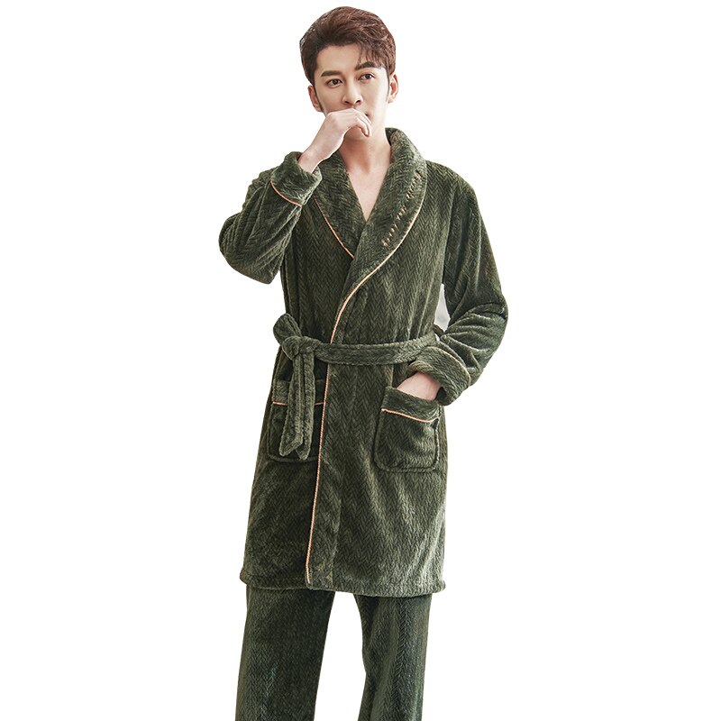 Dikke Warme Flanel Robe + Broek 2Pc Winter Fall Mannen Pyjama Pak Coral Fleece Kleed Set Volledige Mouw Nachtkleding mannen Pijamas Homewear: LX-71072 Dark green / M