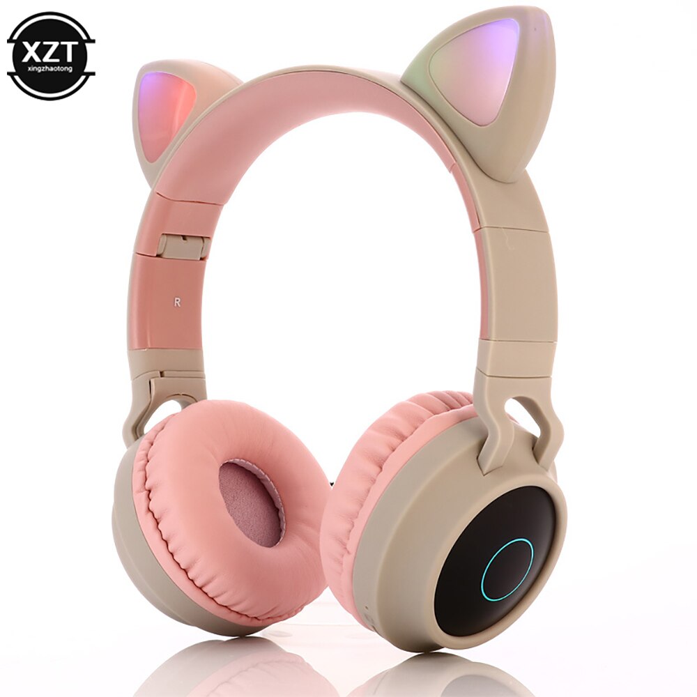 Auriculares estéreo con Bluetooth 5,0 y luz LED, bonito de gatos, auriculares Hifi inalámbricos para música, cascos estéreo con graves para teléfonos móviles y niñas, soporta tarjeta TF: A