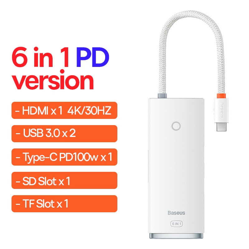 Baseus – HUB USB type-c vers HDMI, adaptateur USB 3.0, station d&#39;accueil 6 en 1 pour MacBook Pro Air: 6in1 PD White