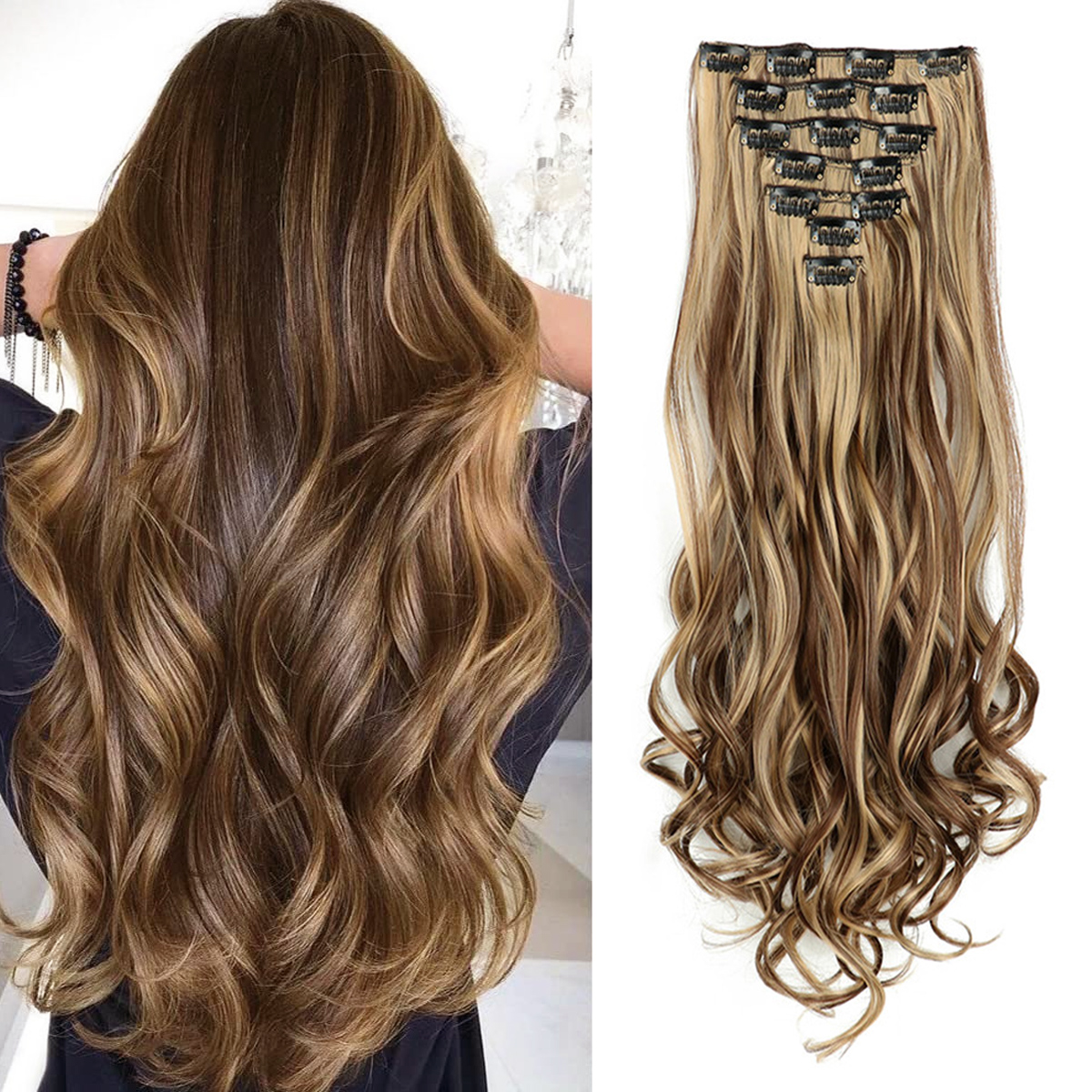 Extensiones de cabello con Clip, 7 Uds., cabeza completa, 22 pulgadas de largo, rizado, ondulado, sintético, Ondulado Natural para mujeres y niñas: NC/4HL