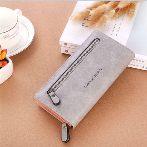 Women Wallet Love and freedom letters printing Lady Clutch Leather purse Long Card Holder Phone Bag Case Purse Handbag cartera: Gray