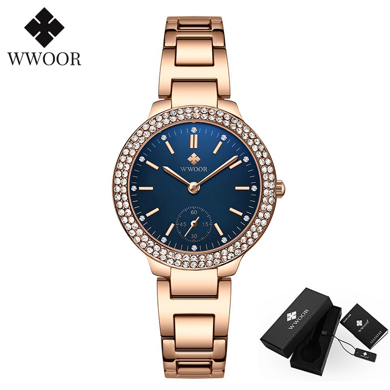 WWOOR – montre-Bracelet en acier inoxydable pour femmes, de luxe, diamant, or Rose, cadran bleu, Quartz: Blue surface