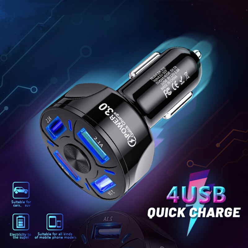 LISM USB Car Charger 4 Ports 48W Quick 7A Mini Fast Charging For iPhone 11 Xiaomi Huawei Mobile Phone Charger Adapter in Car