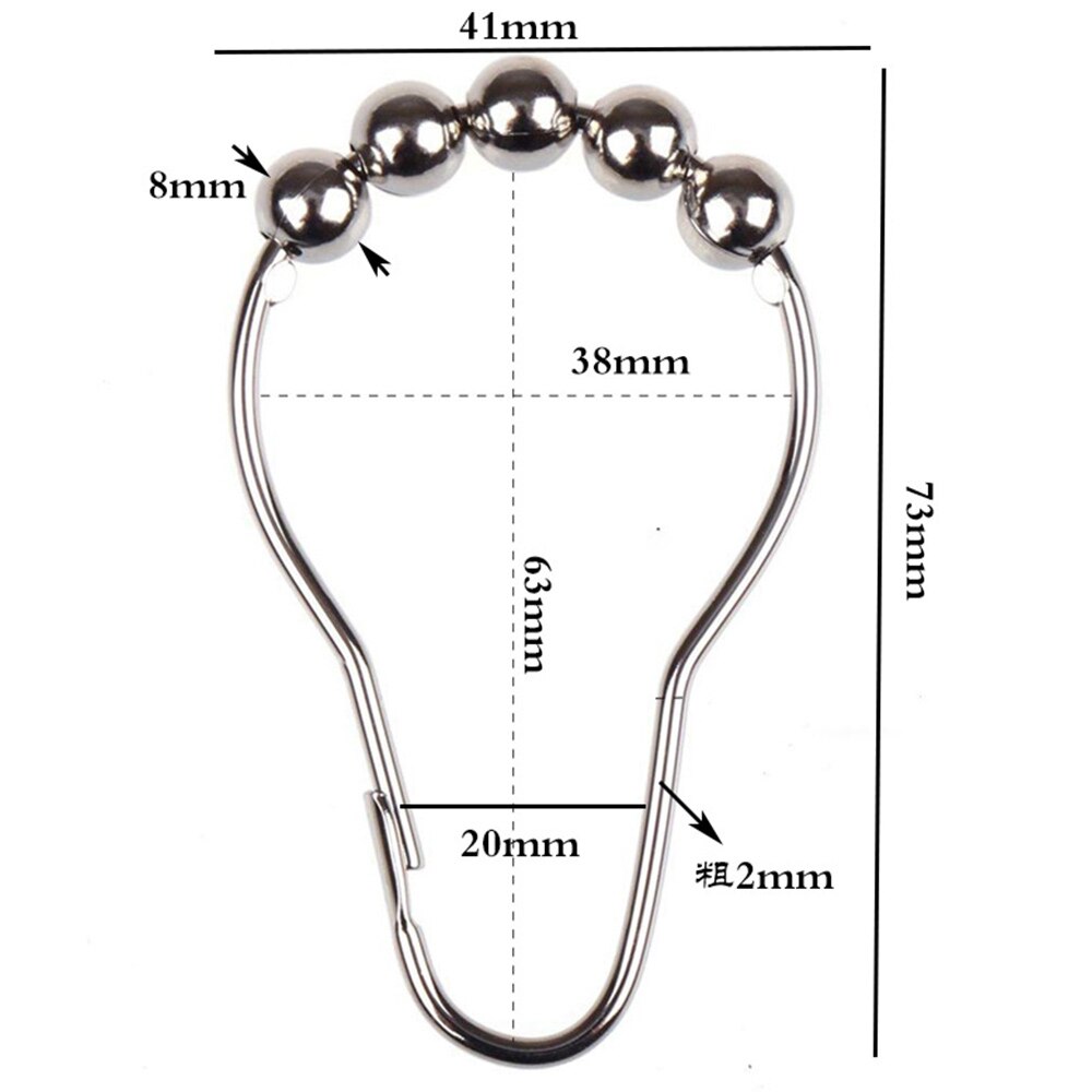 12Pcs Stainless Steel Shower Curtain Hooks Bath Curtain Rollerball Shower Curtain Rings Hook 5 Roller Polished Satin Nickel Ball