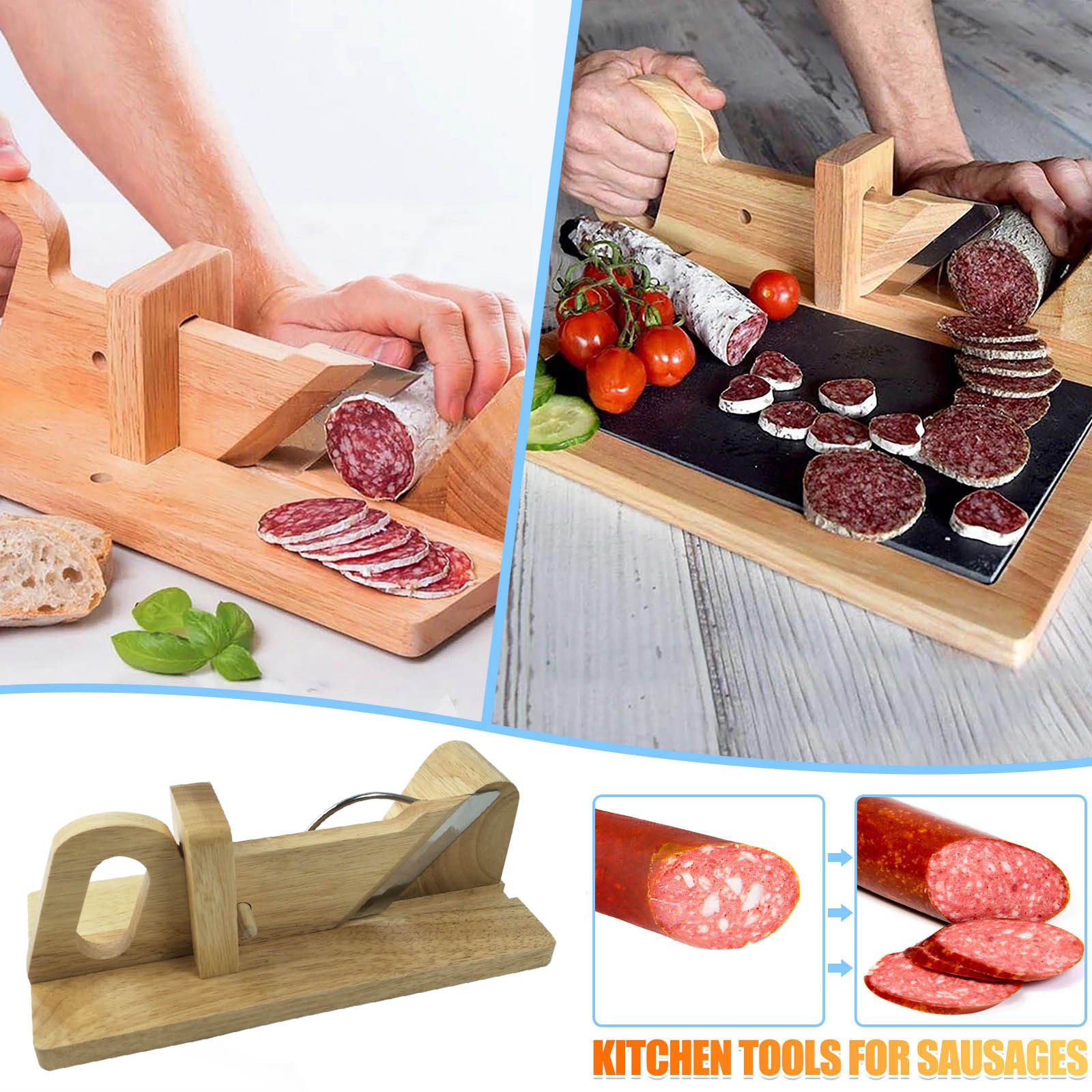Rostfritt stål blad korvskivare gummiträ trä korvskärare köksredskap och tillbehör stora 28.5 x 16.5 x 10cm