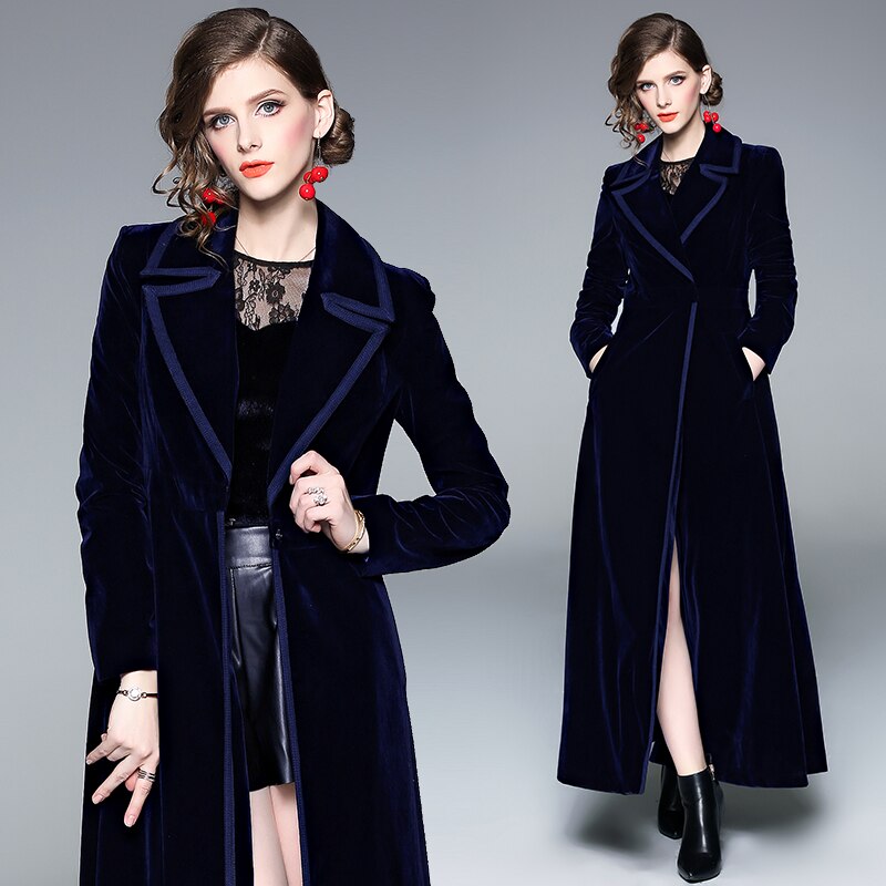 Plus Size 2XL Winter Women Long Sleeve Notched Collar Double-Breasted Gold Velvet Maxi Trench Coat Autumn Outerwear