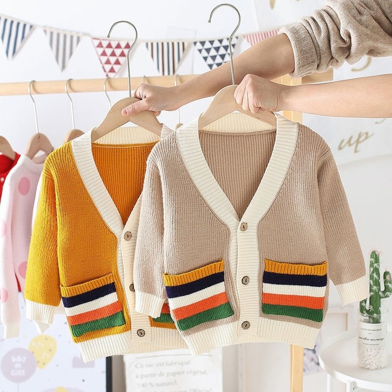 Børn forårstøj bomuldstrøje børn baby børn pige dreng striktrøje cardigan toppe outfit farverig sweater