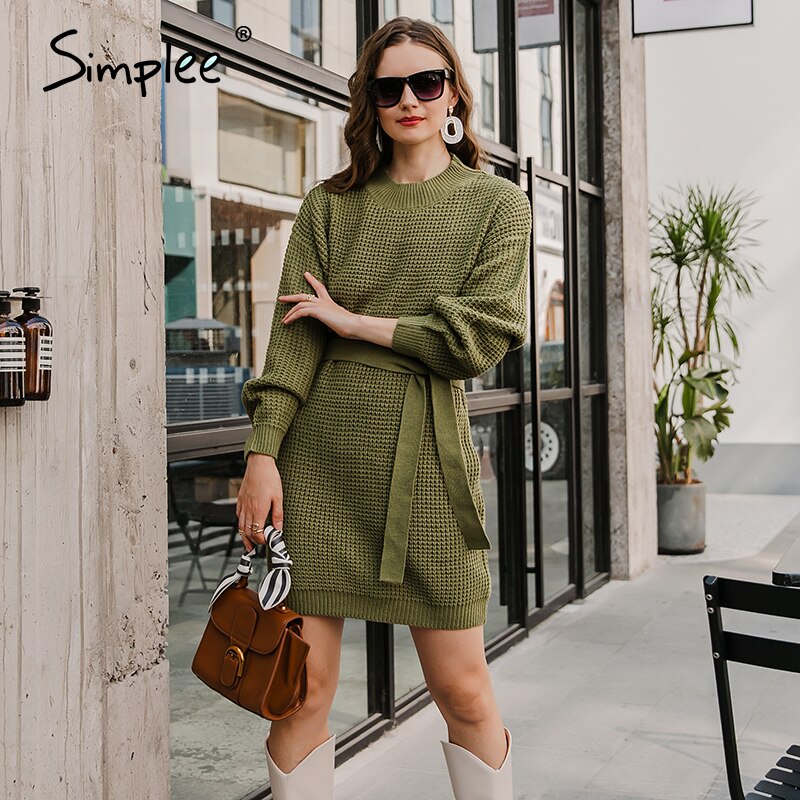 Simplee Casual mujer suéter vestido suelto estilo verde con cinturón mujer Vestido de punto otoño invierno cálido cuello redondo señoras Vestidos de punto