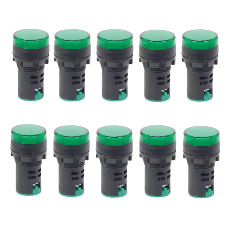 10Pcs Green Button 22mm Panel Mount LED Power Indicator Pilot Signal Light Lamp AD16-22 12V 24V 110V 220V