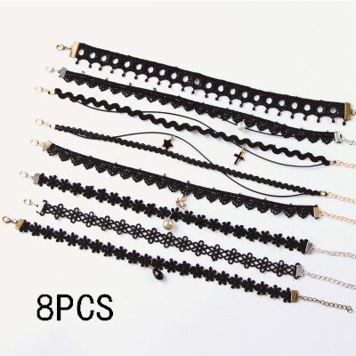 METOO 11pcs Dei Monili Delle Ragazze per I Bambini Nero Della Collana Multi Strato di Pizzo Catene Choker Della Collana Per Bambini Gotico Stretch Gioielli Bambino: 8pcs