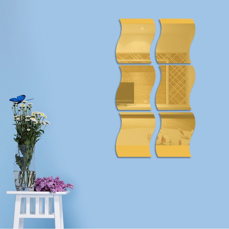 6 teile/los 3D Gespiegelt Aufkleber Dekorative Acryl Spiegel Welle bilden Zauberstab Aufkleber Wohnzimmer Schlafzimmer Umkleidekabine Kunst Wohnkultur: Gold