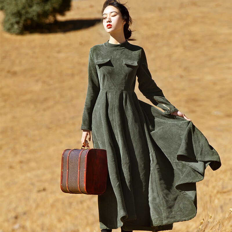 Vestido de invierno para mujer, cintura alta, ajustado, corte a, vestidos largos de pana para mujer, vestido Vintage informal de manga larga TA3905: NO1 / M