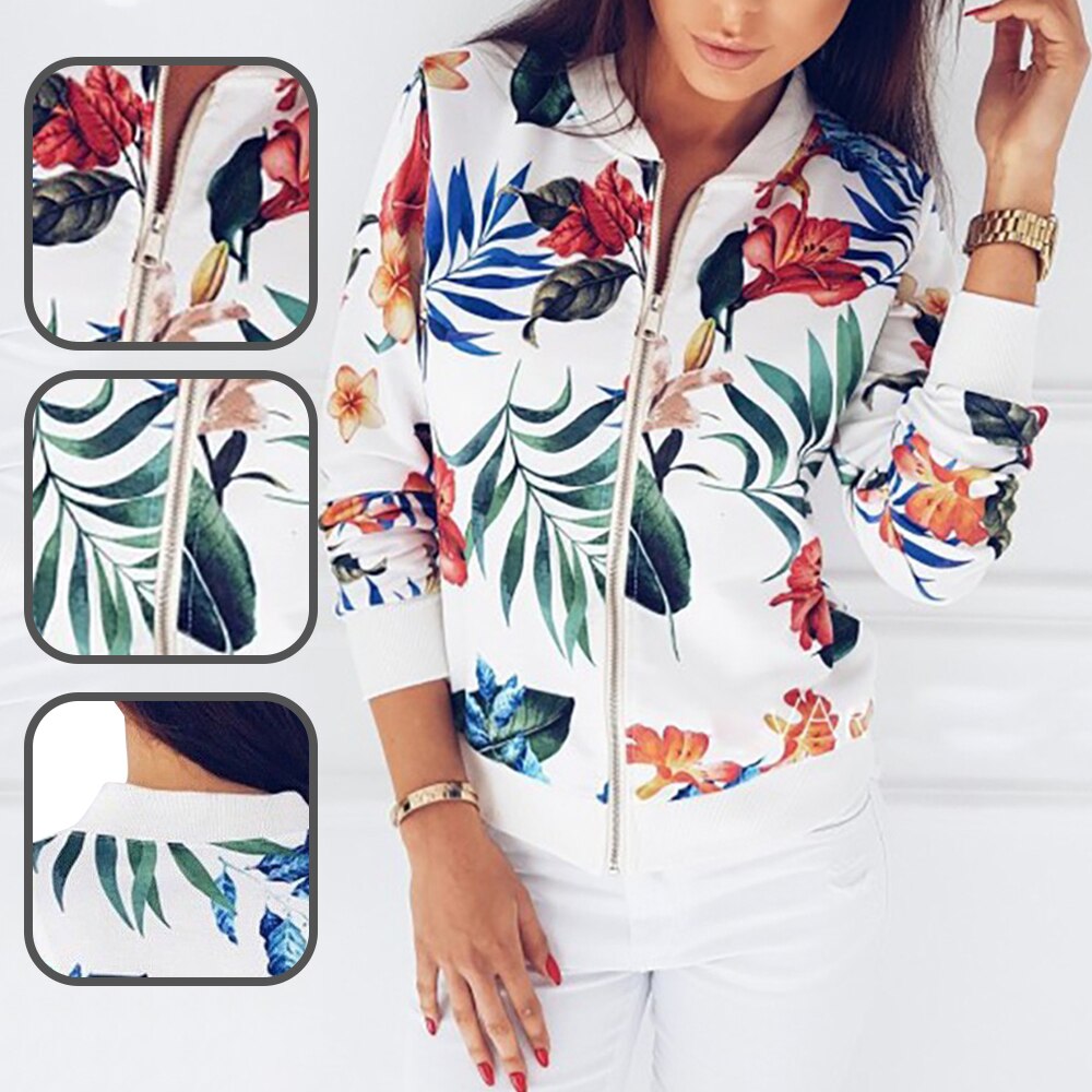 Women Floral Jackets Spring Summer Long Sleeve Zipper Print Bomber Jacket Casual Pocket Slim Female Outwears Plus Size