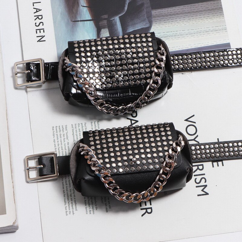 DAEYOTEN Punk Waist Bag Women Luxury Rivets Fanny Pack Crocodile Pattern Coin Purse Chain Mini Belt Bag ZM0767