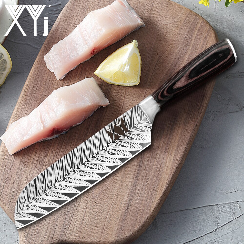 XYj Damascus Pattern Veins Blade Chef Knives Set Stainless Steel Wood Handle Bread Slicing Santoku Utility Knife Cover Sheath
