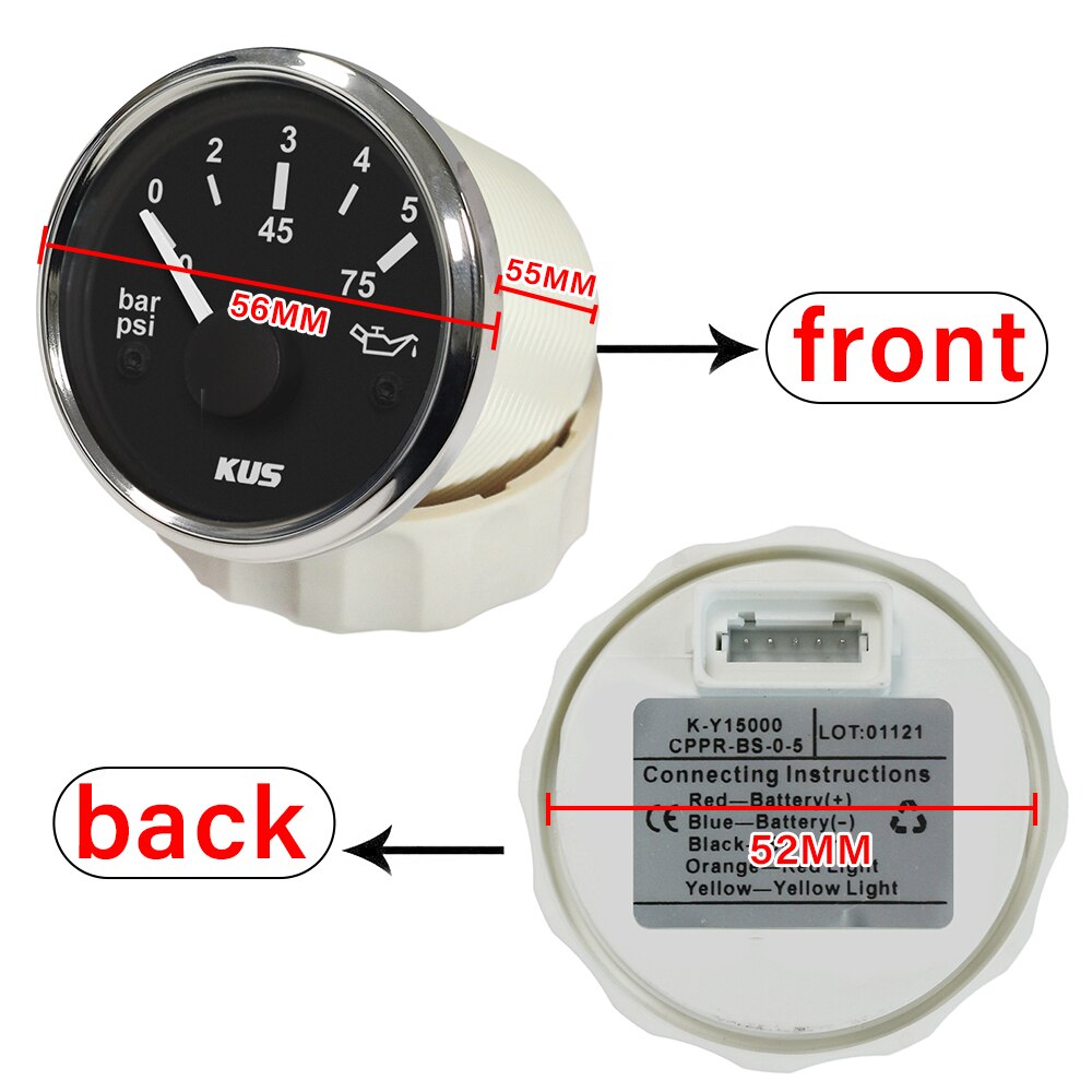 KUS 52MM Oil Pressure Gauge Meter 0-5bar(0-75PSI) 0-10bar(0-145PSI) Red/Yellow Backlight Available