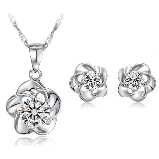 Mooie Wo Bridal Set Niew Brand Sieraden Sets Zirkoon Instellen Bloem Hanger Ketting Oorbellen Sieraden: white
