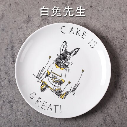 Cartoon animals Ceramic Dinner Plates White Porcelain Tray Dishes For Restaurant Serving Steak Dessert Food Plate For Party: White Rabbit