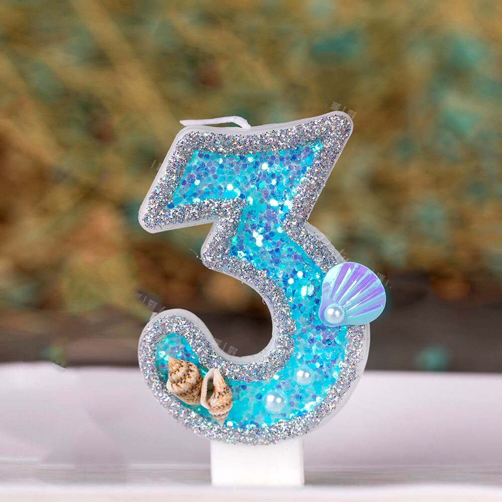 Decoraciones azules para pastel de cumpleaños de bebés y niños, vela de concha de océano brillante para Baby Shower, recuerdo para niños de 0 a 9 velas, suministros para hornear: 3