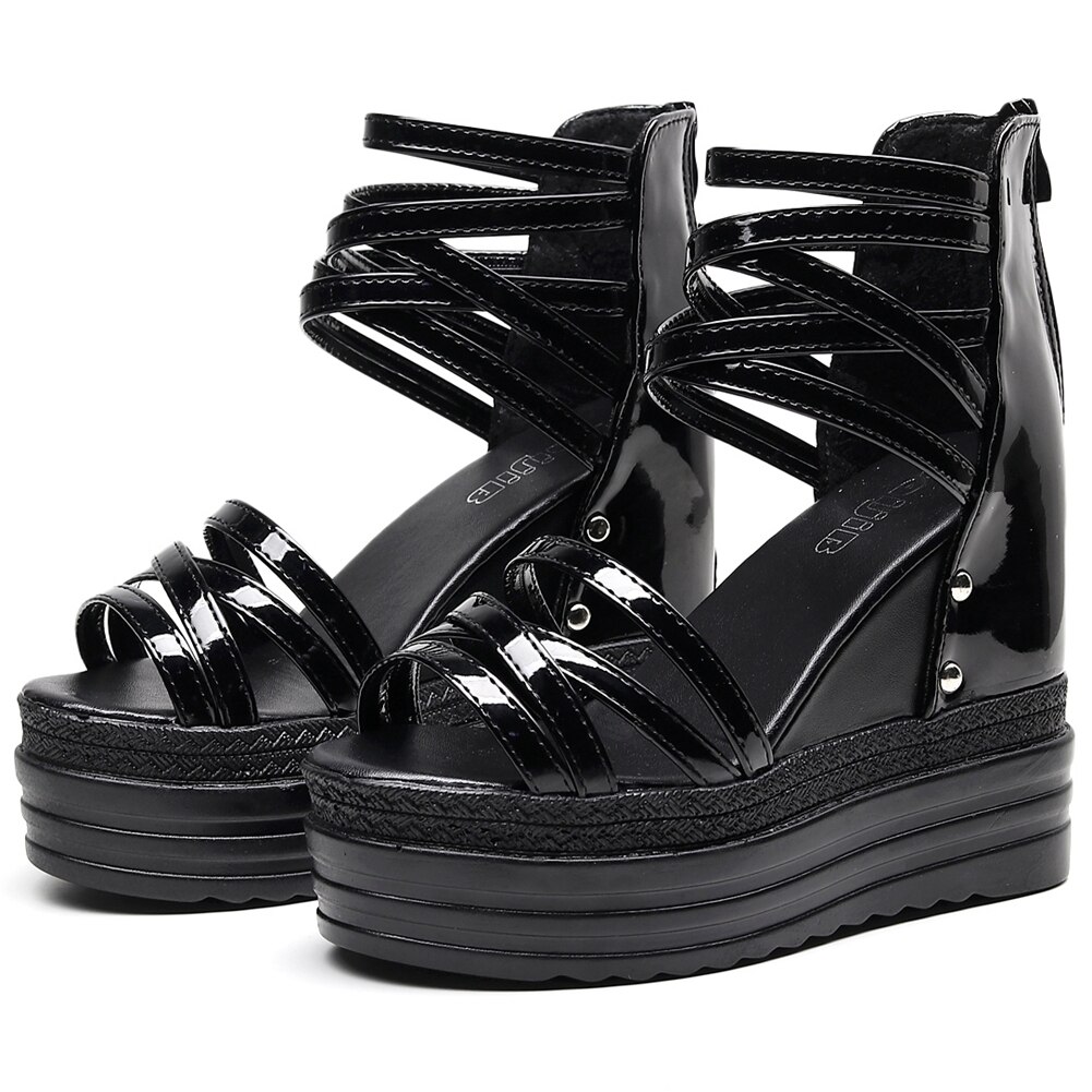 Uitverkoop Comfortabele Black Gothic Platform Rome Style Wedges Hoge Hakken Schoenen Gladiator Zomer Sandalen Vrouw