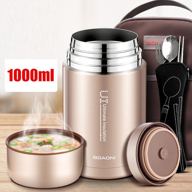 BOAONI 800ml/1000ml Food Thermal Jar Vacuum Insulated Soup Thermos Containers 316 Stainless Steel Lunch Box with Folding Spoon: gold 1000ml