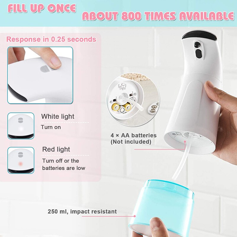 Skum sæbedispenser 250ml håndvask vaskemaskine infrarød sensing automatisk bærbar skum flydende sæbedispenser til køkken i badeværelset