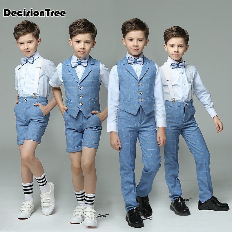 nuevos trajes de niños a cuadros azul claro chaleco establece trajes de boda para niños esmoquin ropa de boda para chicos terno meninos