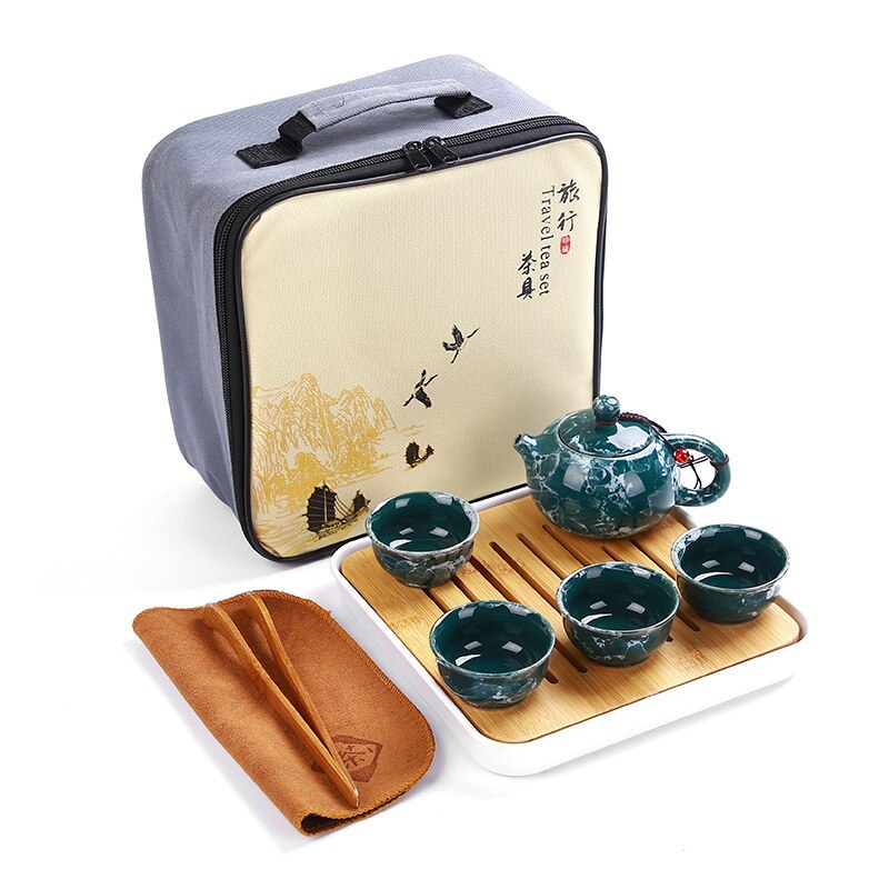 Høykvalitets steinmønster glasur kung fu te sett bærbar tekanne drinkware tekanne gaiwan kopp sett keramisk kinesisk puer tekanne: Grønn b